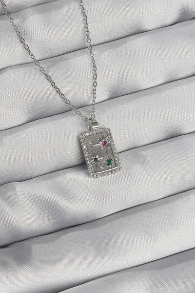 Inure Jewelry سلسلة فولاذية 316L فضية اللون مع قلادة عتيقة من حجر الزركون الملون