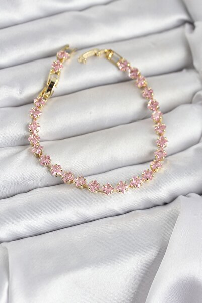 Inure Jewelry سوار نسائي من حجر الزركون المربع الوردي اللون الذهبي والنحاس ال...