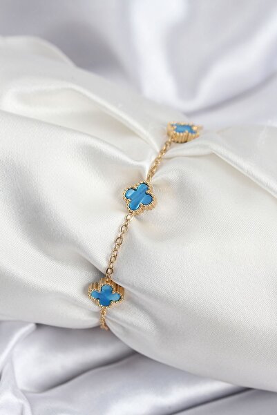 Inure Jewelry 316L Steel Gold Color Ice Blue Baby Boy Clover Women's Bracelet