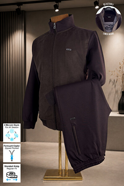 BESSA Brown Suede Detailed Tracksuit Set with Stand Collar, Standard Fit, Zip...