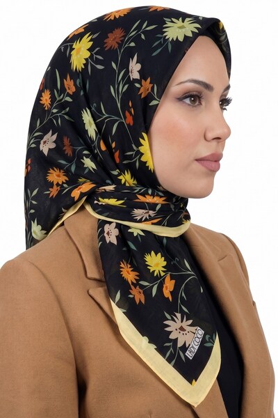 hadiora Women's Black Yellow Floral Patterned Organic Cotton Soft Scarf