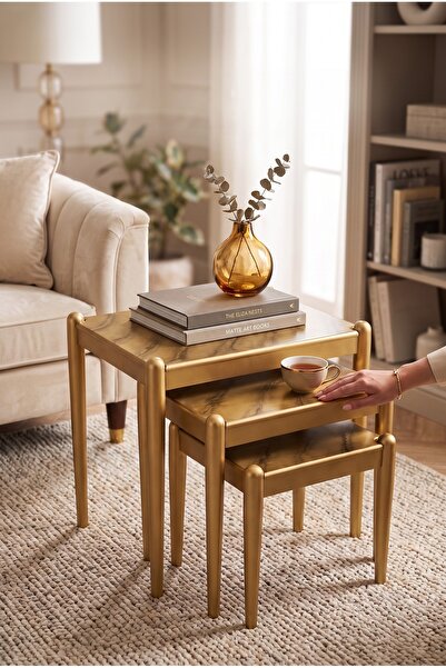 Akabesan Aksesuar Defne Serisi Mermer Desen Gold Varak Kayın Ağacından Dikdör...