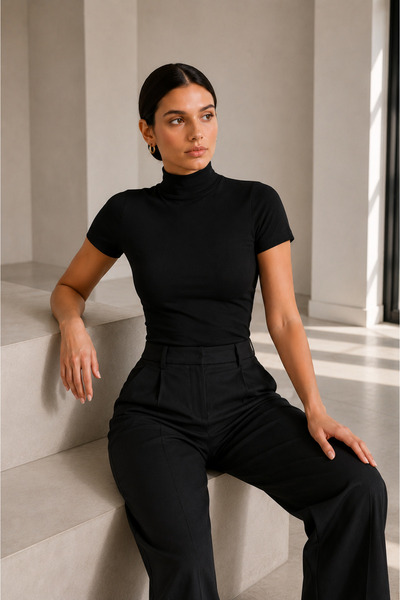 cicial Turtleneck Short Sleeve Cotton Combed Cotton Bodysuit