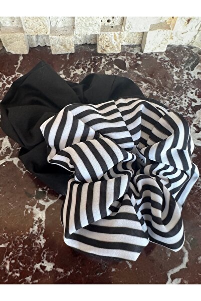 OIA Atelier Basic Klasik Çizgili Beyaz ve Siyah 2 Li Scrunchie Lastik Toka