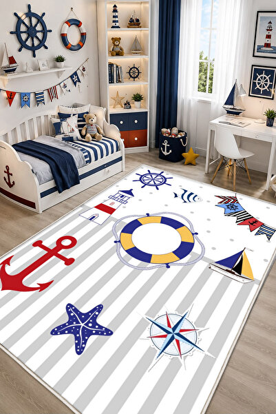 STY Home Denizci Çocuk Kaymaz Tabanlı Halı Makinede Yıkanabilir Halı Yolluk G...