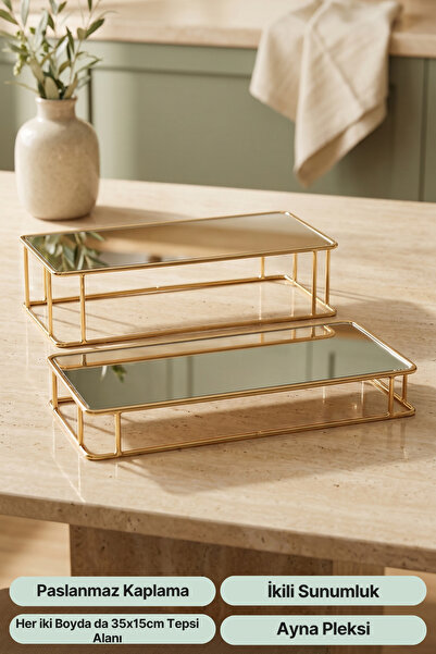 mba decor metal bending art Prisma Model Gold Aynalı Sunum Tepsisi – İkili Se...