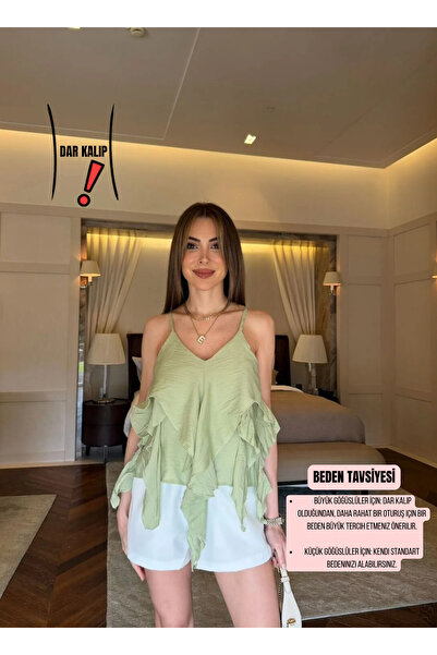 solena sln Kadın Yazlık Yeni Sezon Ayarlanabilir Askılı Fırfırlı Bluz