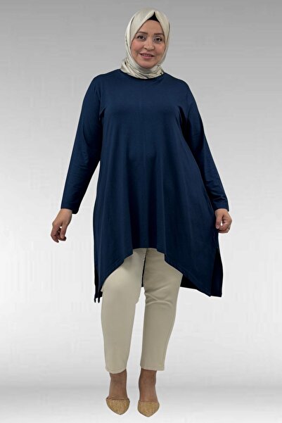 Eslina 58070 Large Size Asymmetric Cut Combed Cotton Tunic - Petrol