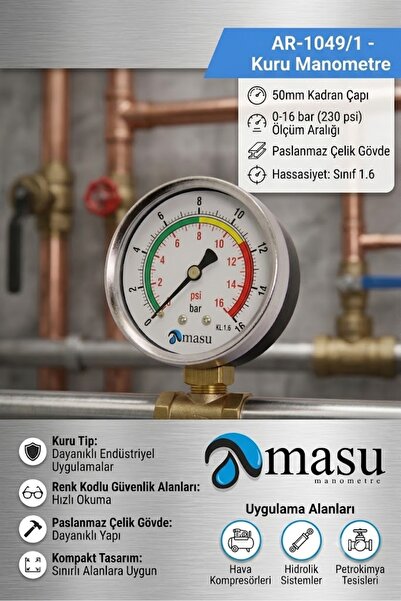 Arus MANOMETRE 50 MM KURU 16 BAR ARKA BAĞLANTILI 1/4