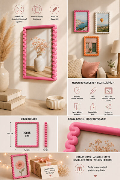 TUTACENTER 10x15 Fotoğraf Çerçevesi Dalga Desenli Pembe Duvar Dekoru | Yatay ...