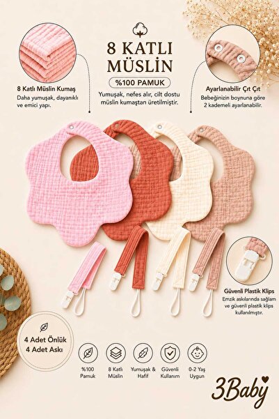 3Baby Set of 8 / Organic Cotton 8-Layer Muslin Bibs 4 Pieces / 8-Layer Muslin...