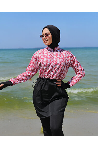 Rosto Fashion Costum de baie islamic complet acoperit, cu model abstract roșu...
