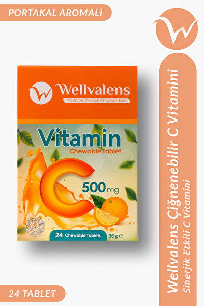 Wellvalens Vitamin C 500 mg Çiğnenebilir Tablet (Şekersiz) | 24 Tablet, Porta...