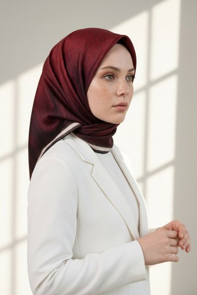 Vissona 100% Twill İpek Monogram Desenli Bordo Renkli 90x90 Dikim Şekli : El Dikişi Eşarp