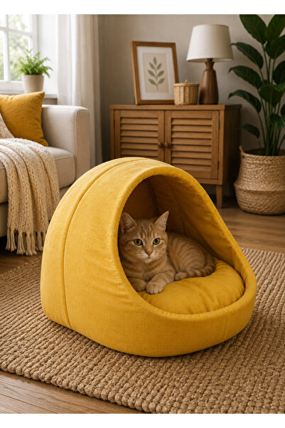 CatHouse Kıvırcıkpet Sarı Kedi Mağara Ev Yuvası Yıkanabilir 40*40 Cm