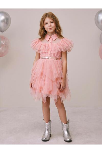 Civil Girls Beli Kemerli Tül 6-12 Yaş Elbise - Pudra