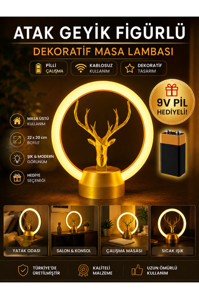 ATAK Geyik Figürlü Masa Lambası Dekoratif Pilli Kablosuz Altın Pil Hediyeli