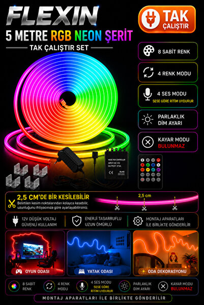 neeko Neon Rgb Led - Sese Ve Müziğe Duyarlı Kumandalı - Çok Renkli - 5 Metre ...