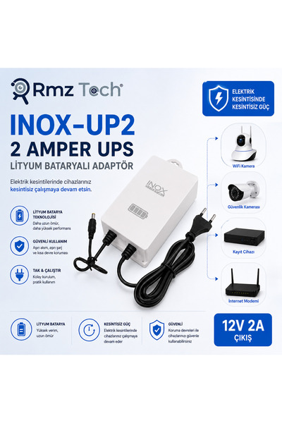 RMZTECH İNOX UP2 12volt 2 Amper Upsli Lityum Bataryalı Adaptör (woltaj korumalı)