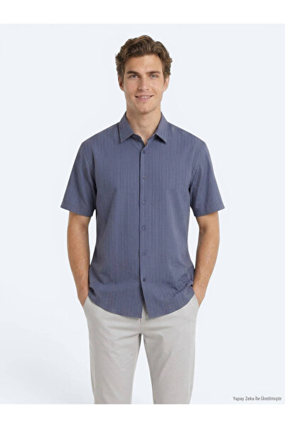 Kip Cămașă casual țesută, scurtă, cu dungi indigo, croială oversize
