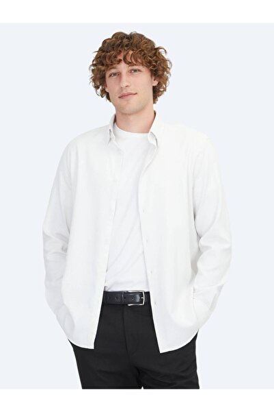 Kip White Regular Fit Long Woven Casual Cotton Blend Shirt