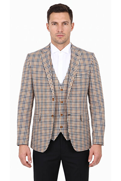 OSCAR BANKS Camel - Black-White Plaid Patterned, Premium Vest Set Jacket (Mon...