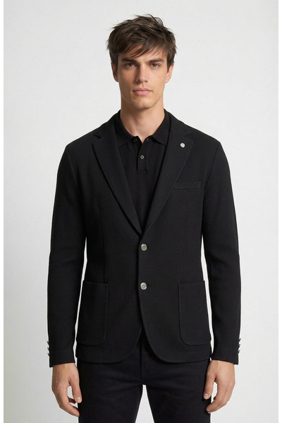 Network Siyah Slim Fit Gofre Desen Örme Ceket