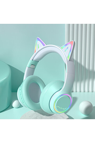 Choice1 سماعات رأس بلوتوث بتصميم أذني قطة خضراء بتقنية RGB للبنات، سماعات لاس...