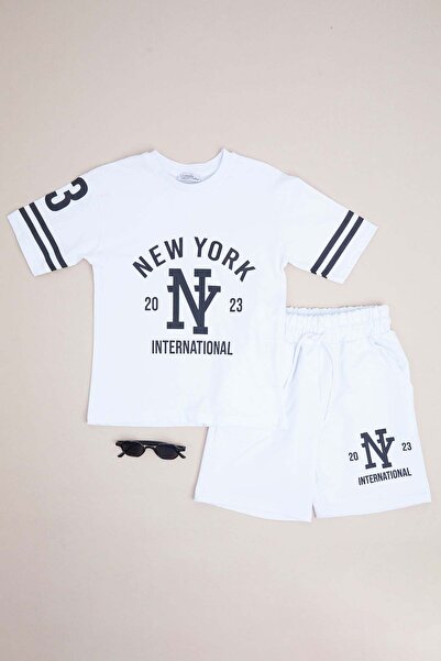 Fulla Moda New York Baskılı Çizgili Erkek Çocuk 2 Li Takım