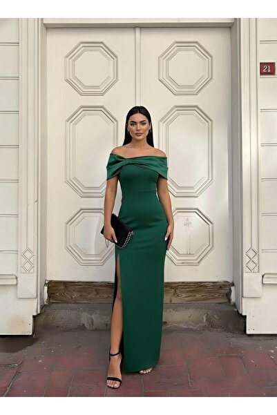 Modafeminen Flexible Crepe Fabric Bow Detail Shiny Satin Fabric Evening Dress...