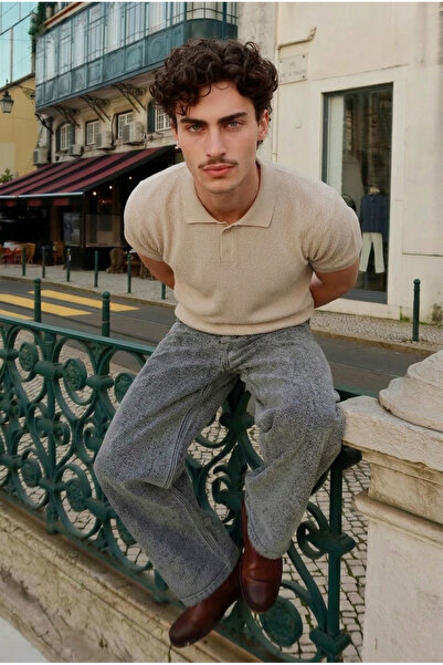 DAMGA JEANS تي شيرت رجالي من القطن المنسوج ذو ياقة بولو باللون البيج الفاتح