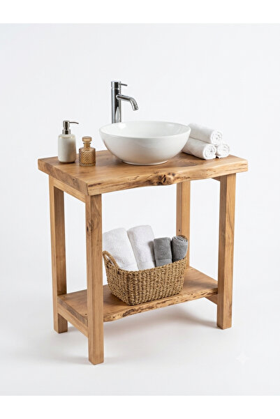 Ahşap Modern Masif Banyo Dolabı Seti - Doğal Kestane Ağacı 70x60x40