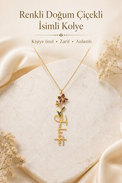 emirOmade 925 Ayar Gümüş Kişiye Özel Renkli Doğum Çiçekli İsimli Kolye Gold R...