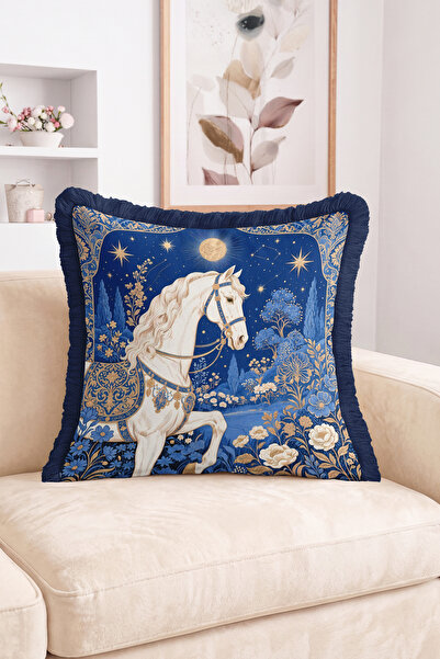 Realhomes White Horse Figurine with Moon and Stars, Navy Blue Floral Patterne...