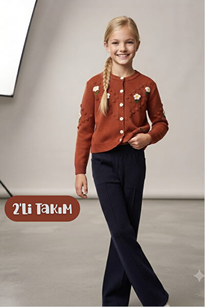 Hilal Akıncı Kids Girl's Daisy Embroidered Cardigan Knitwear Trousers Double Set