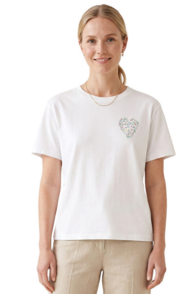 DK DAKSEL Tricou alb de bază cu imprimeu cu inimă cu flori de damă