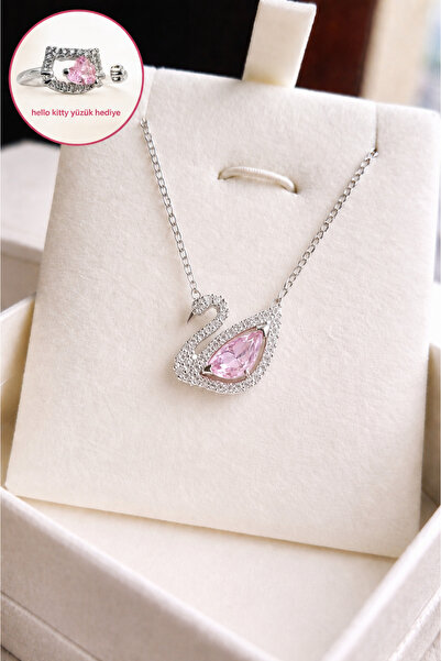 shop GÜMÜŞ RENK PEMBE TAŞLI PASLANMAZ KUĞU KOLYESİ ÇELİK