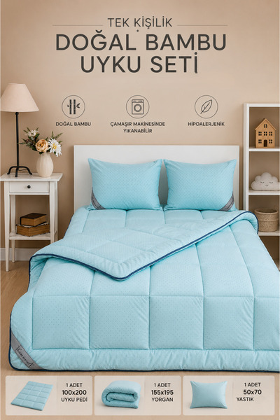homewell %100 SAF BAMBU HİPOALERJENİK TEK KİŞİLİK UYKU SETİ MİNT
