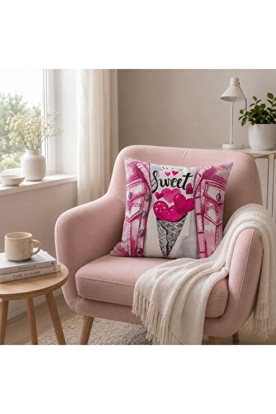 Bc Home Pembe Kalp Desenli, Kare Kırlent Kılıfı, 43 x 43 cm , 1 Adet, Fermuar...