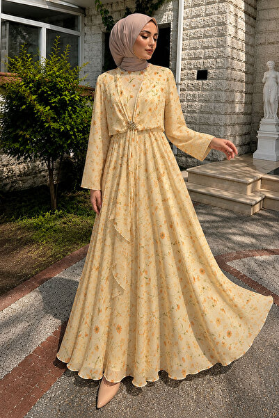 Tesettür Dünyası Floral Patterned Buckled Chiffon Dress Tsd260256 Yellow