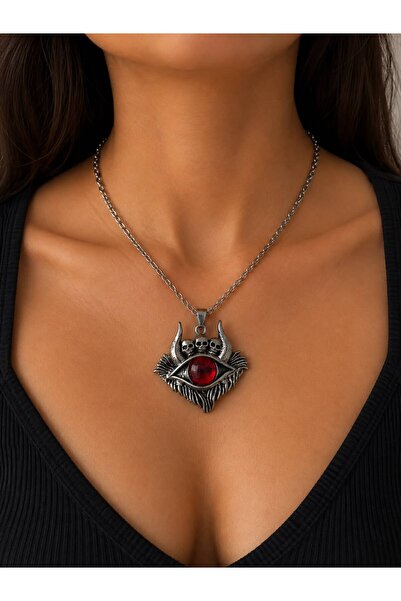 Yıldız Accessory Kurukafa Detaylı Boynuzlu Şeytan Gözü Zincir Kolye Kırmızı Göz Mavi Göz
