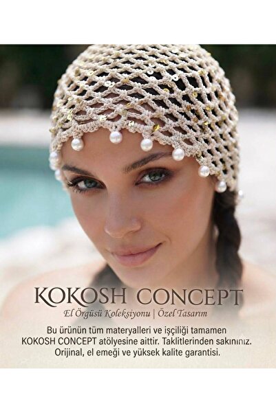 Kokosh Concept Hand Knitted Pearl & Glitter & Sequin Beige Women's Mesh Beach...