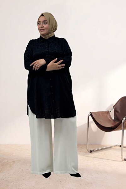 Eslina 68048 Plus Size Jacquard Strawberry Shirt with Elastic Sleeves - Black
