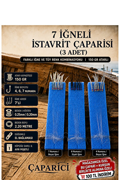 Caparici 7 İğneli İstavrit Çaparisi 3 Adet Farklı İğne farklı tüy Renk