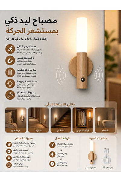Yallabena Smart Motion-Sensing LED Night Light - Wooden Finish, Magnetic Wall...