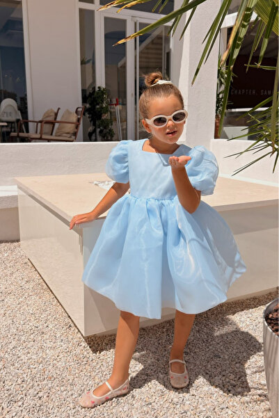 penu baby kids Blue Square Collar Balloon Sleeve Caroline Fabric Bow Detailed...