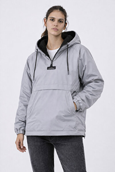 OHM OHEPMODA Slim Fit Fur Inside Kangaroo Pocket Men's Raincoat Coat Gray