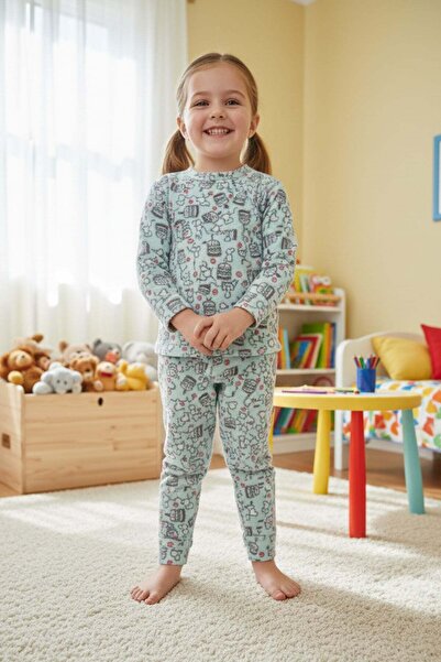 Fulla Moda Pasta Desenli Polar Kız Çocuk Pijama Takımı