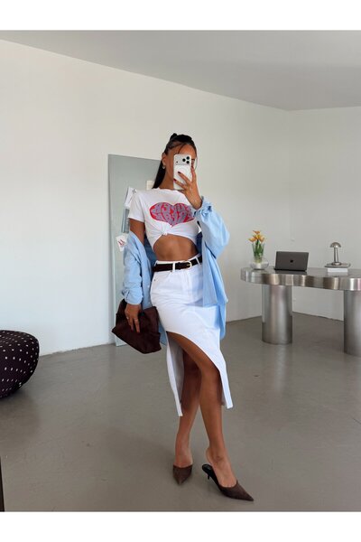 mydukkan.co Asymmetrical Cut Trendy Denim Skirt White - White