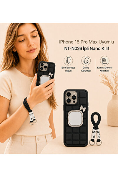 Nettech iPhone 15 Pro Max Uyumlu Taş Detaylı Askılı Kılıf – Şık Premium Silik...